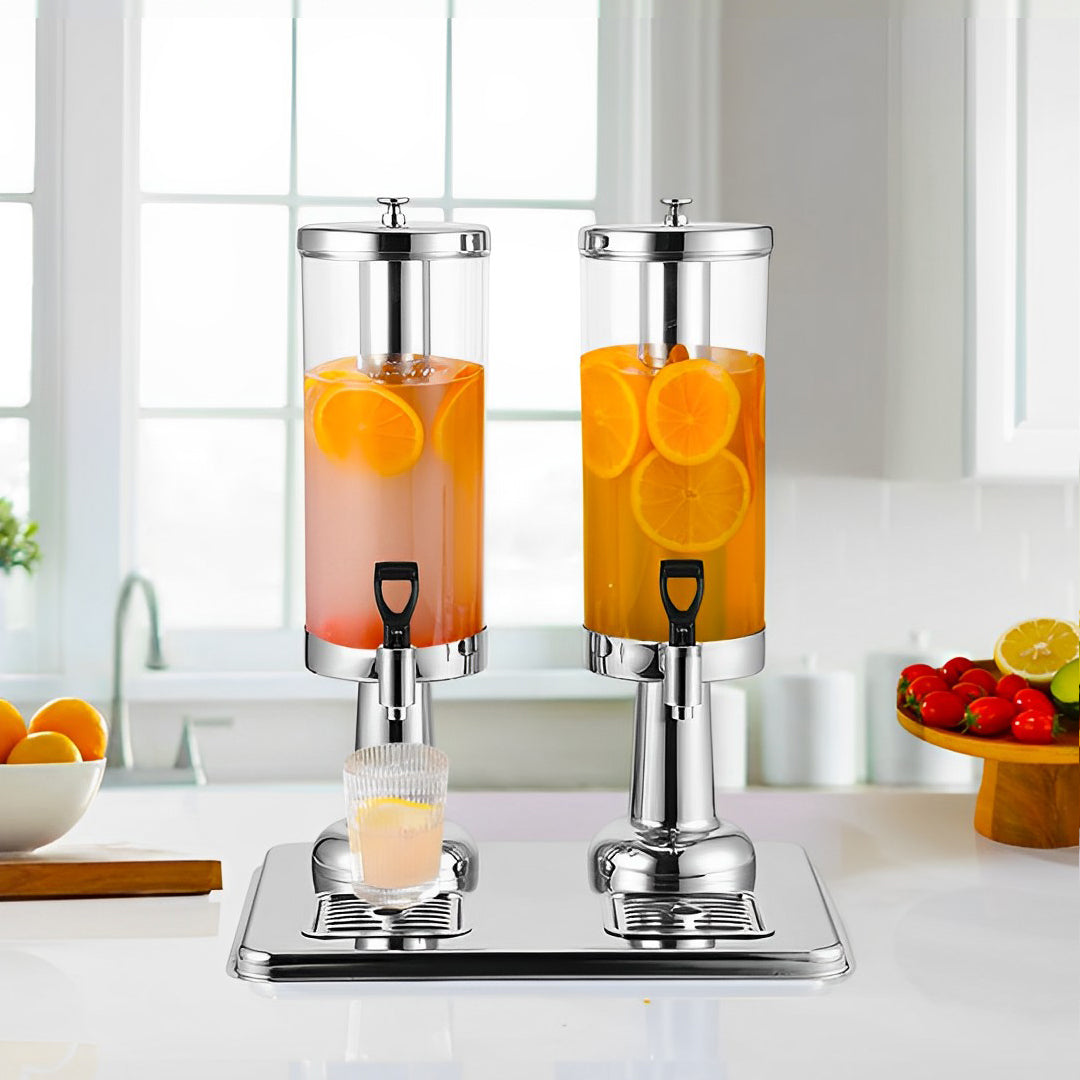 NNEAGS 6L Dual Silver Stainless Steel Beverage Dispenser Ice Cylinder Clear Juicer Hot Cold Water Jug